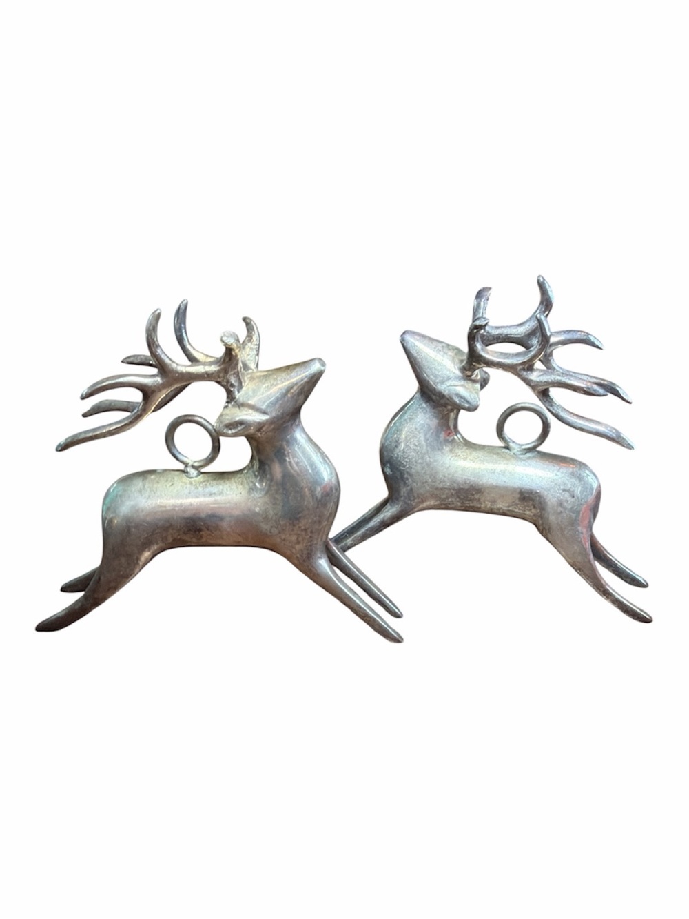 VTG Pottery Barn Silver Plated Leaping Reindeer Ornaments Set of 2 Christmas